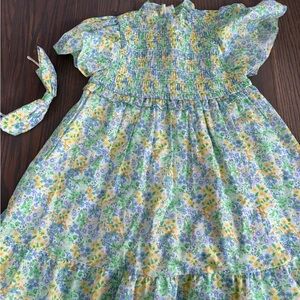 Janie and Jack Floral Dress with Headband - Green, Blue, Yellow
